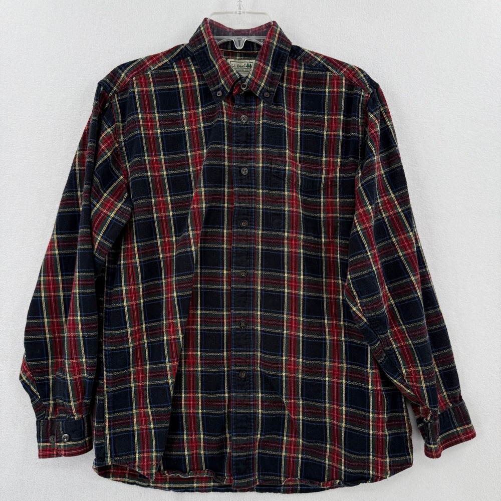 LL Bean Flannel Shirt Mens Medium Regular Fit Black Red Plaid Button Down Cotton